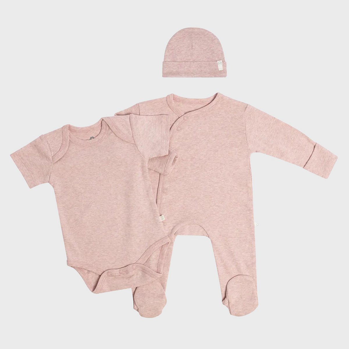 Bio Neugeborenen-Geschenkset Rose 3-teilig: Musselin Schlafanzug, Kurzarm-Body und Mütze Gr. 50.