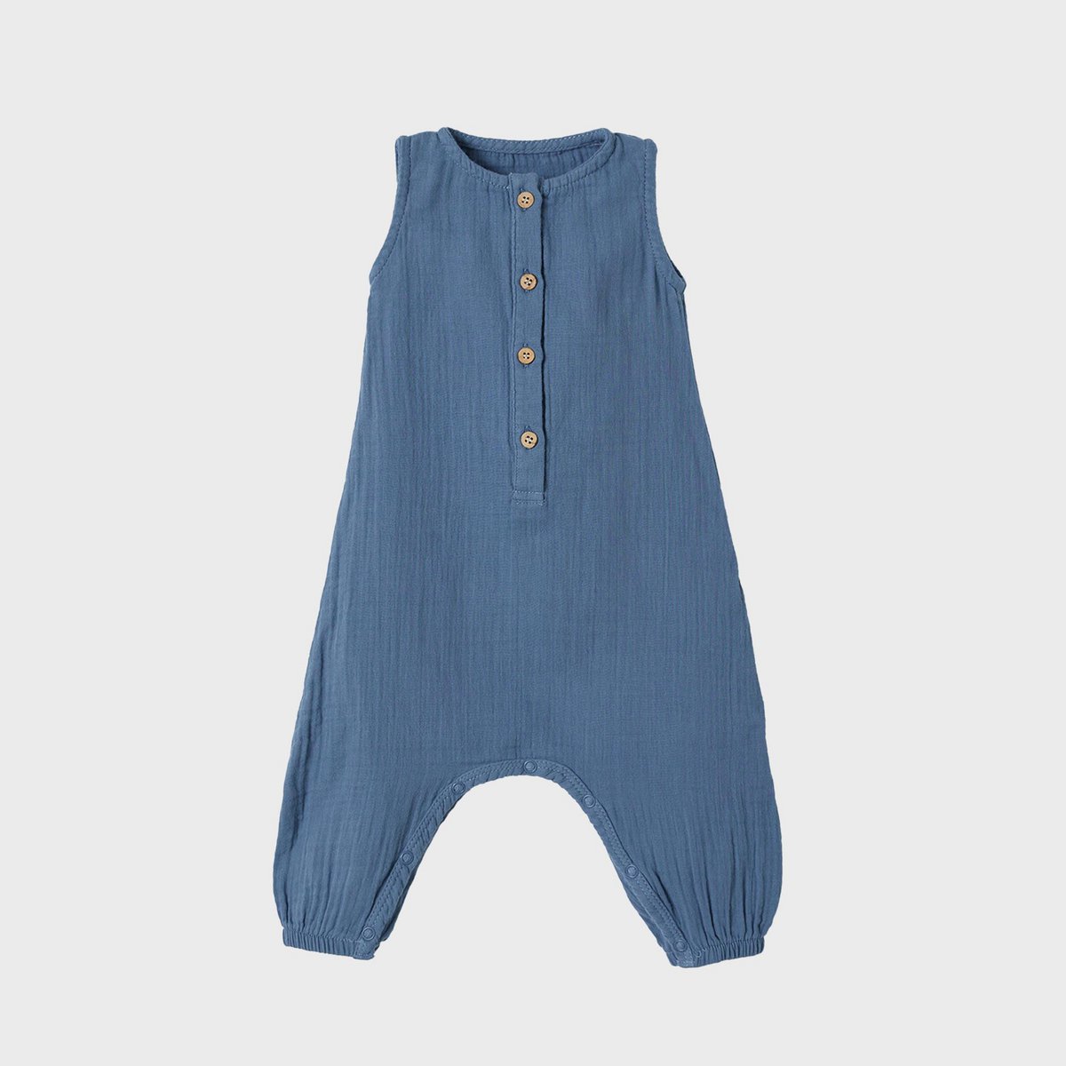 Bio Musselin Baby Overall in Indigo, weicher Strampler aus Bio Baumwolle.