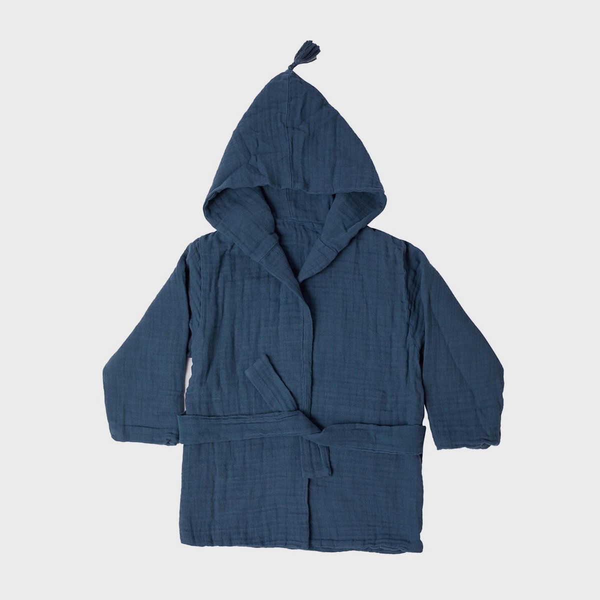 Baby Kapuzenbademantel aus Bio Musselin in Indigo für 1-2 Jahre.