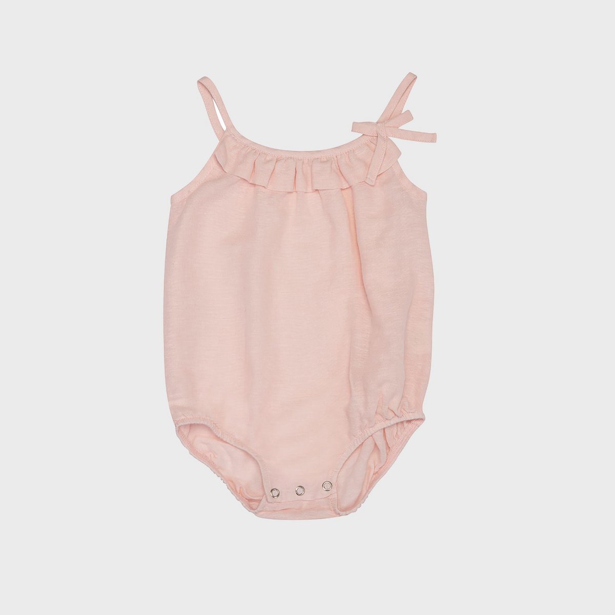 Rosafarbener Bio Hanf-Baumwoll Baby Bodysuit mit Rüschen.