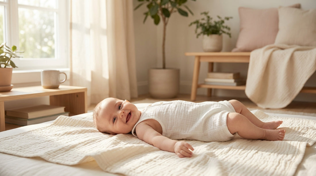 Baby in leichter Musselin-Kleidung an einem hellen Sommertag