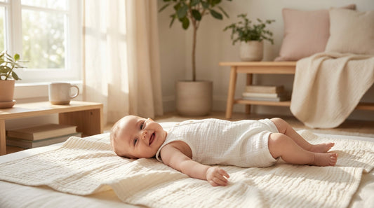 Baby in leichter Musselin-Kleidung an einem hellen Sommertag