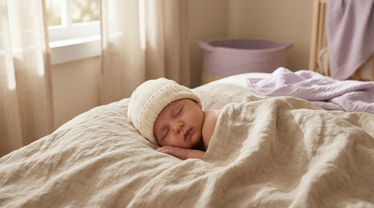 Baby mit weicher Bio-Baumwoll-Mütze bei warmem Tageslicht