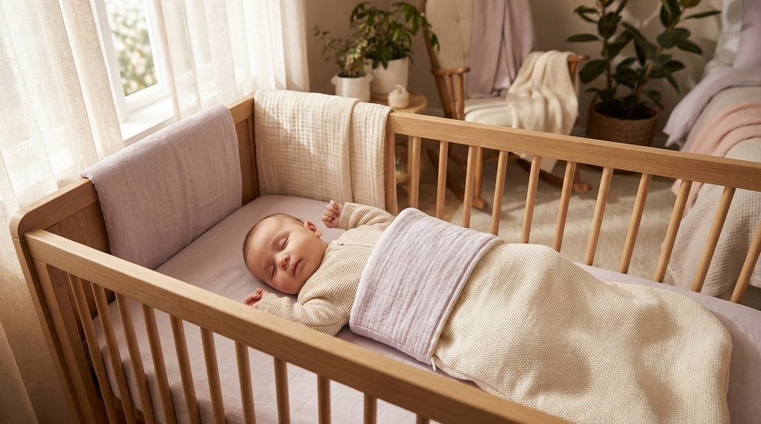 Baby schläft wohlig in Bio-Baumwolle bei weichem Tageslicht