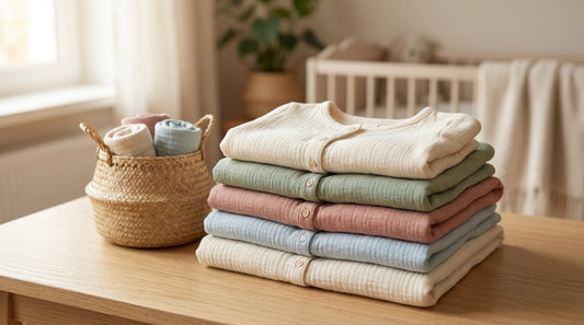 Frisch gewaschene Bio-Babykleidung ordentlich zusammengelegt