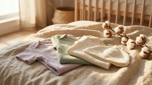 Weiche GOTS-zertifizierte Bio-Babykleidung in Pastelltönen auf Leinen