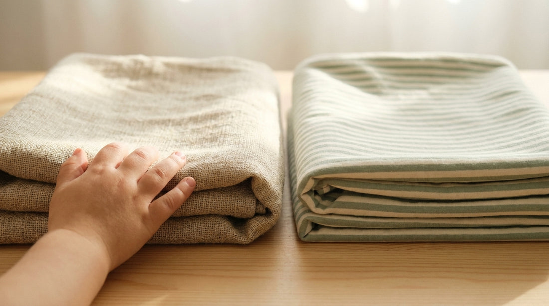 Hanfstoff und Bio-Baumwolle im Vergleich – Kleinkind-Hand ertastet die Stoffe