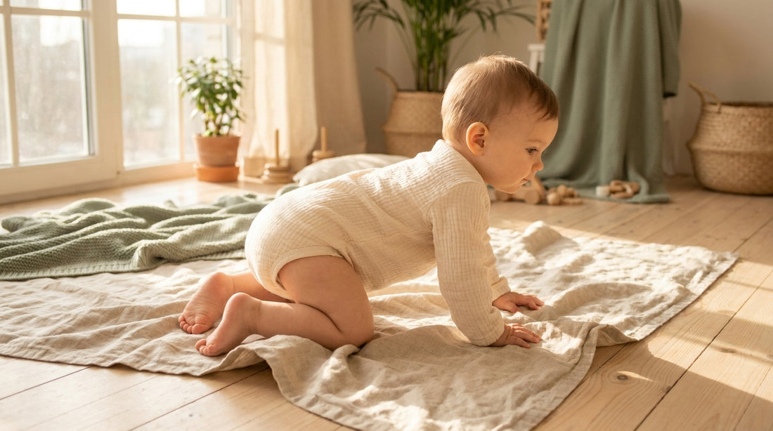 Baby in cremefarbenem Musselin-Body krabbelt über eine Leinendecke auf Holzboden