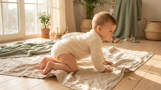 Baby in cremefarbenem Musselin-Body krabbelt über eine Leinendecke auf Holzboden