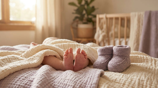 Nackte Babyfüße und weiche Bio-Krabbelschuhe