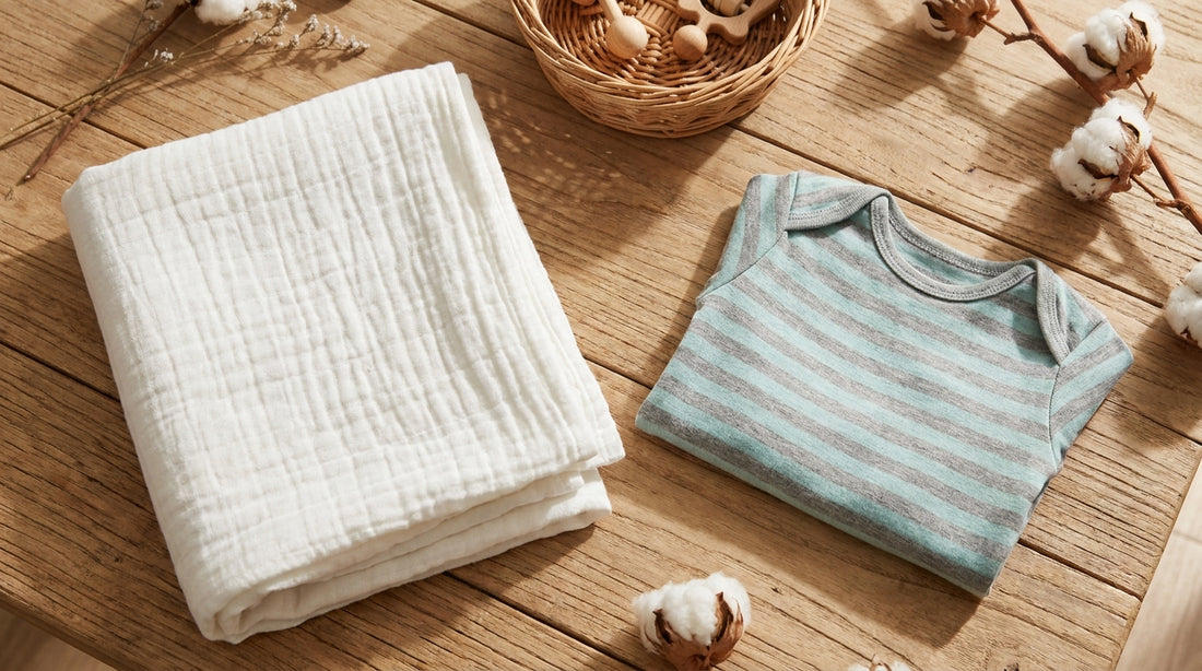Musselin- und Bio-Baumwoll-Babykleidung im Vergleich, flach gelegt