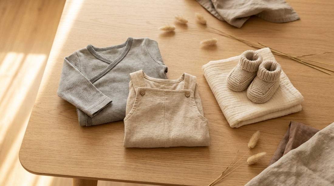 Nachhaltig gewählte Bio-Babykleidung ordentlich zusammengelegt