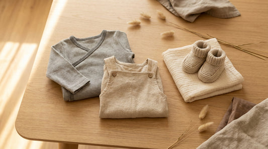 Nachhaltig gewählte Bio-Babykleidung ordentlich zusammengelegt