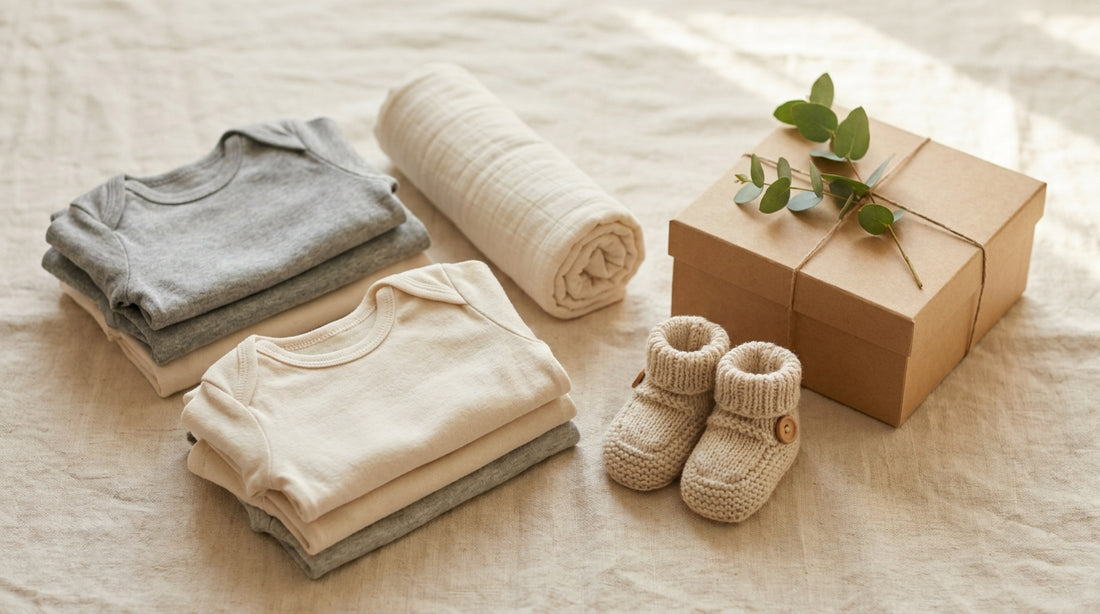Nachhaltige Bio-Baby-Geschenke zur Geburt liebevoll drapiert