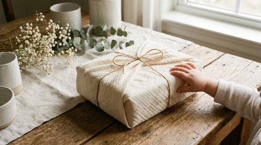 In cremefarbenes Musselintuch eingeschlagenes Taufgeschenk auf Holztisch mit Babyhand