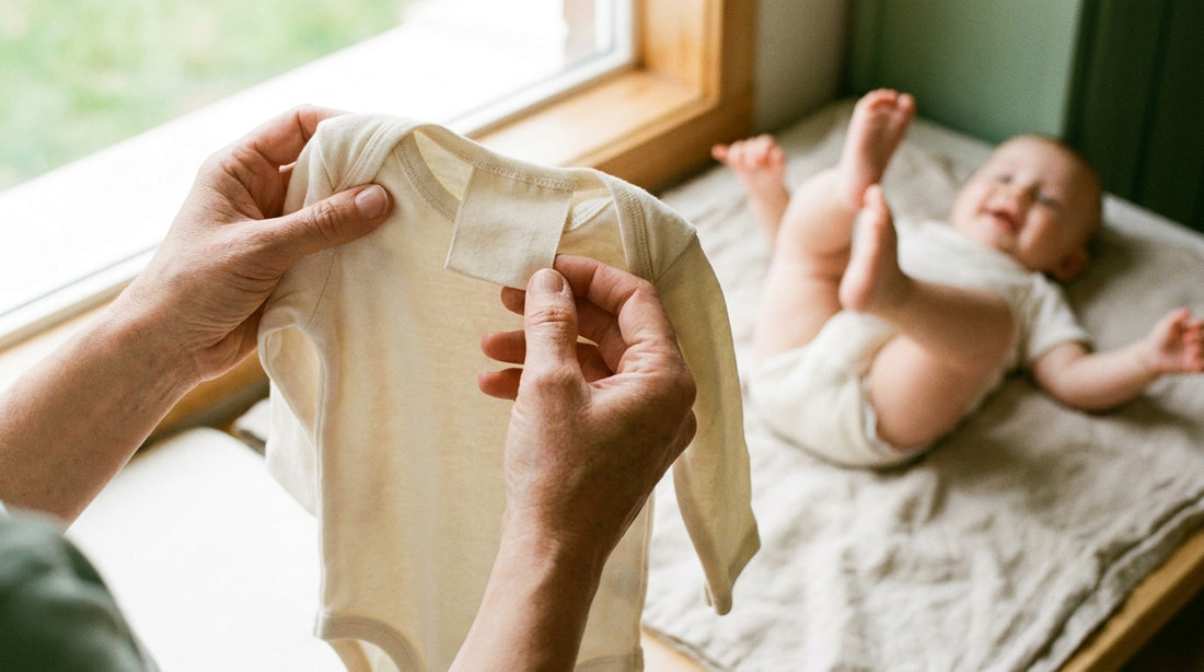 Mutter prüft das Etikett eines cremeweißen Babybodys am Fenster, Baby strampelt im Hintergrund auf einer Leinendecke
