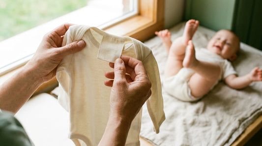 Mutter prüft das Etikett eines cremeweißen Babybodys am Fenster, Baby strampelt im Hintergrund auf einer Leinendecke