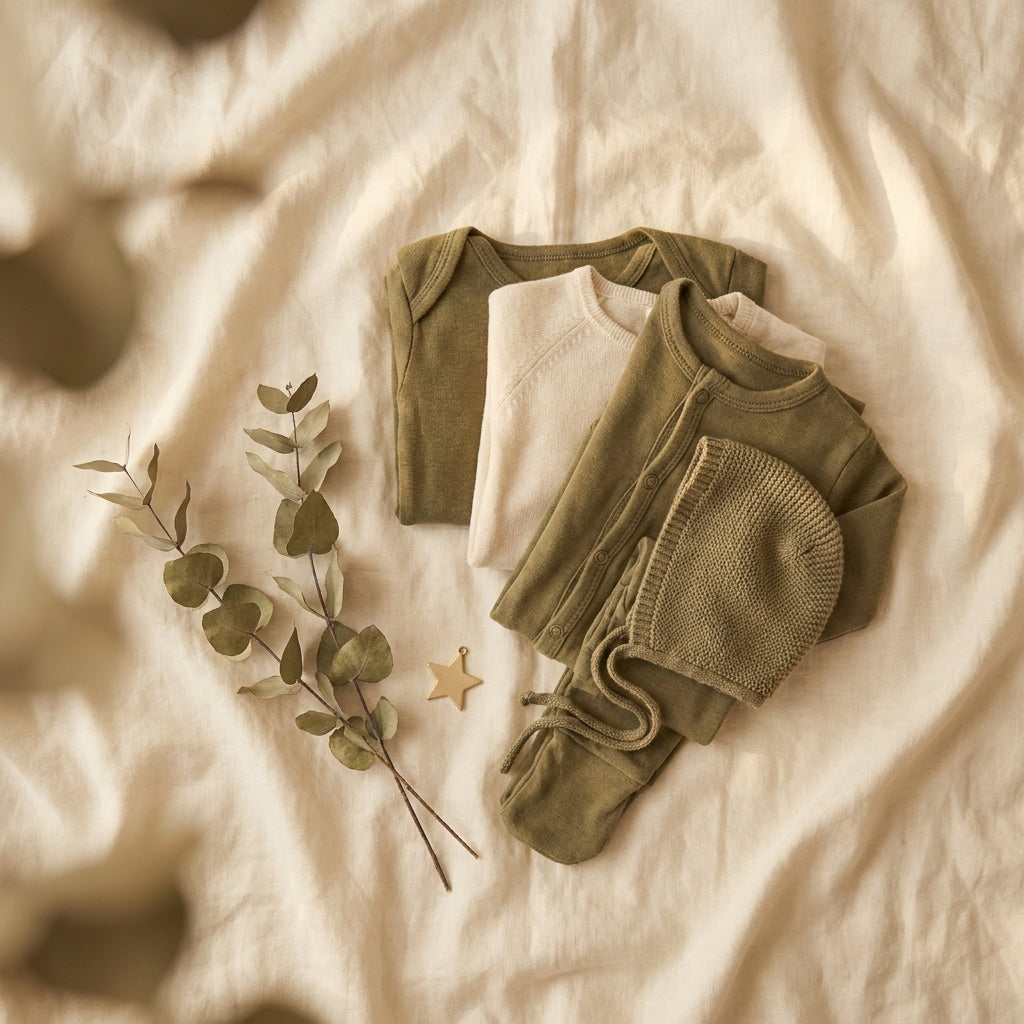 Festliche Bio-Babykleidung in Creme und Olivgrün mit Strickmütze