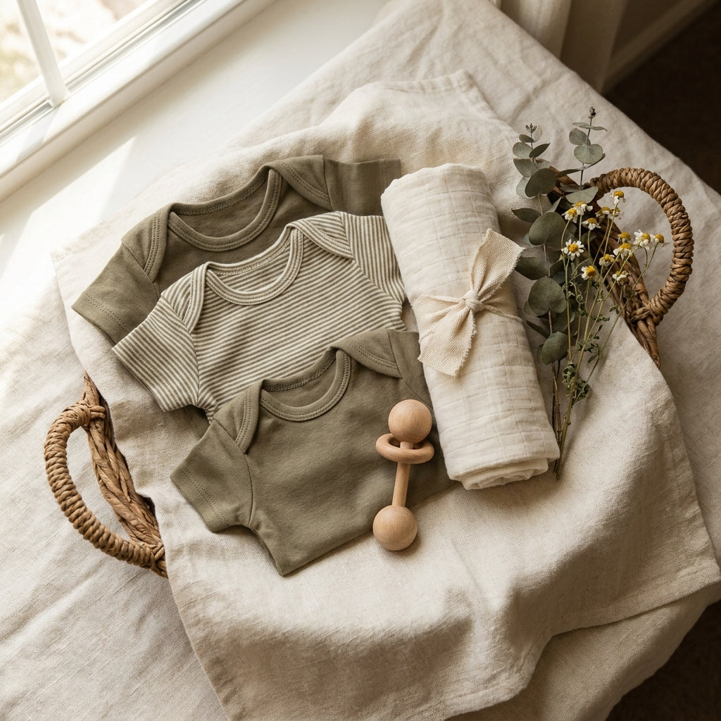 Nachhaltiges Bio-Baby-Geschenkset zur Geburt im Körbchen