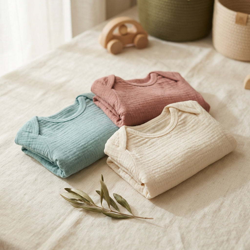 Musselin-Bodys fürs Baby in Aqua, Rosé und Creme