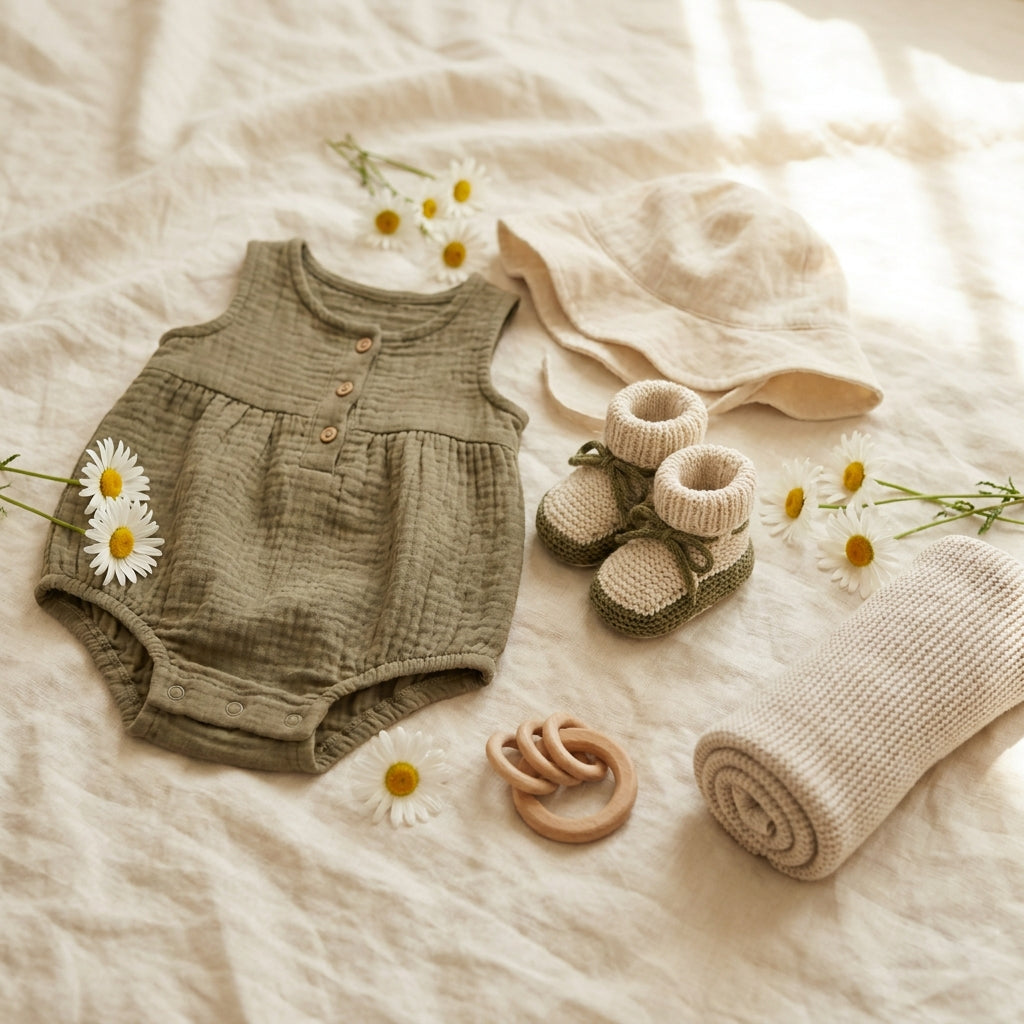 Leichte Bio-Baby-Sommerkleidung, Musselin-Romper und Sonnenhut