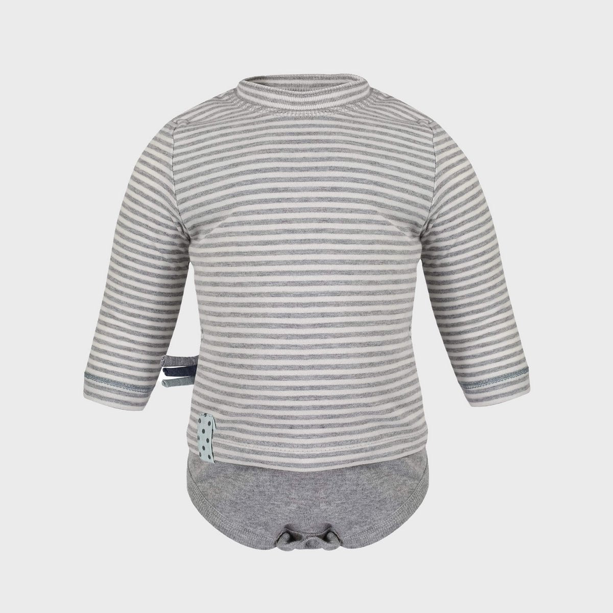 Bio Baby Langarm T-Shirt Body, grau gestreift, aus Bio-Baumwolle.