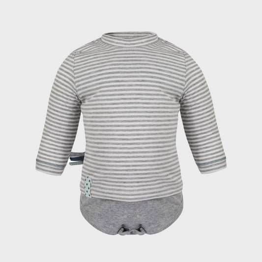 Bio Baby Langarm T-Shirt Body, grau gestreift, aus Bio-Baumwolle.
