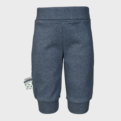 Locker geschnittene Bio Babyhose in Indigo Melange mit breitem Komfortbund aus Bio-Baumwoll-Rippstoff.
