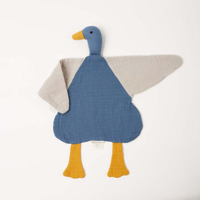 Blaues Bio Musselin Ente Kuscheltier & Greifling aus weicher Bio-Baumwolle.