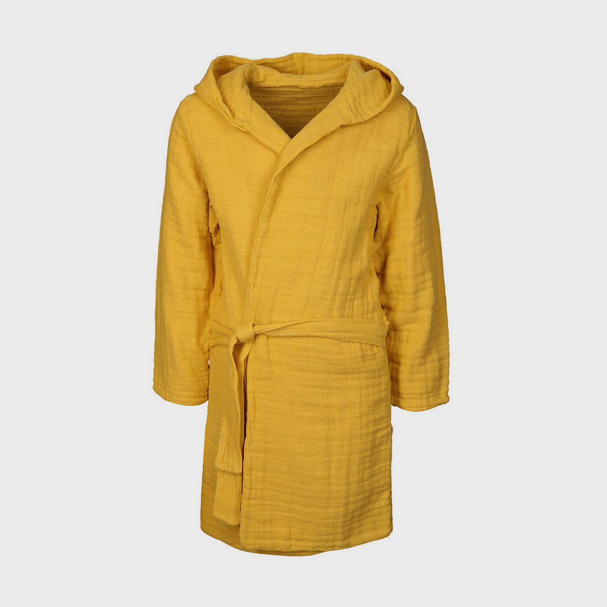 Bio Musselin Kinderbademantel mit Kapuze in Senf für 7-8 Jahre.