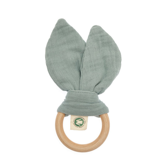 Bio Baby Beißring aus Musselin & Naturholz – Zahnungshilfe mit Hasenohren – Detailansicht 2