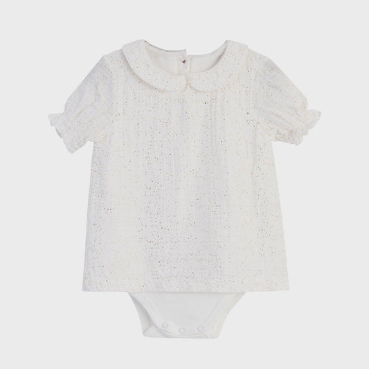 Mädchen Hemdbody aus Bio-Musselin in Weiß mit Peter Pan Kragen und Glitzer.