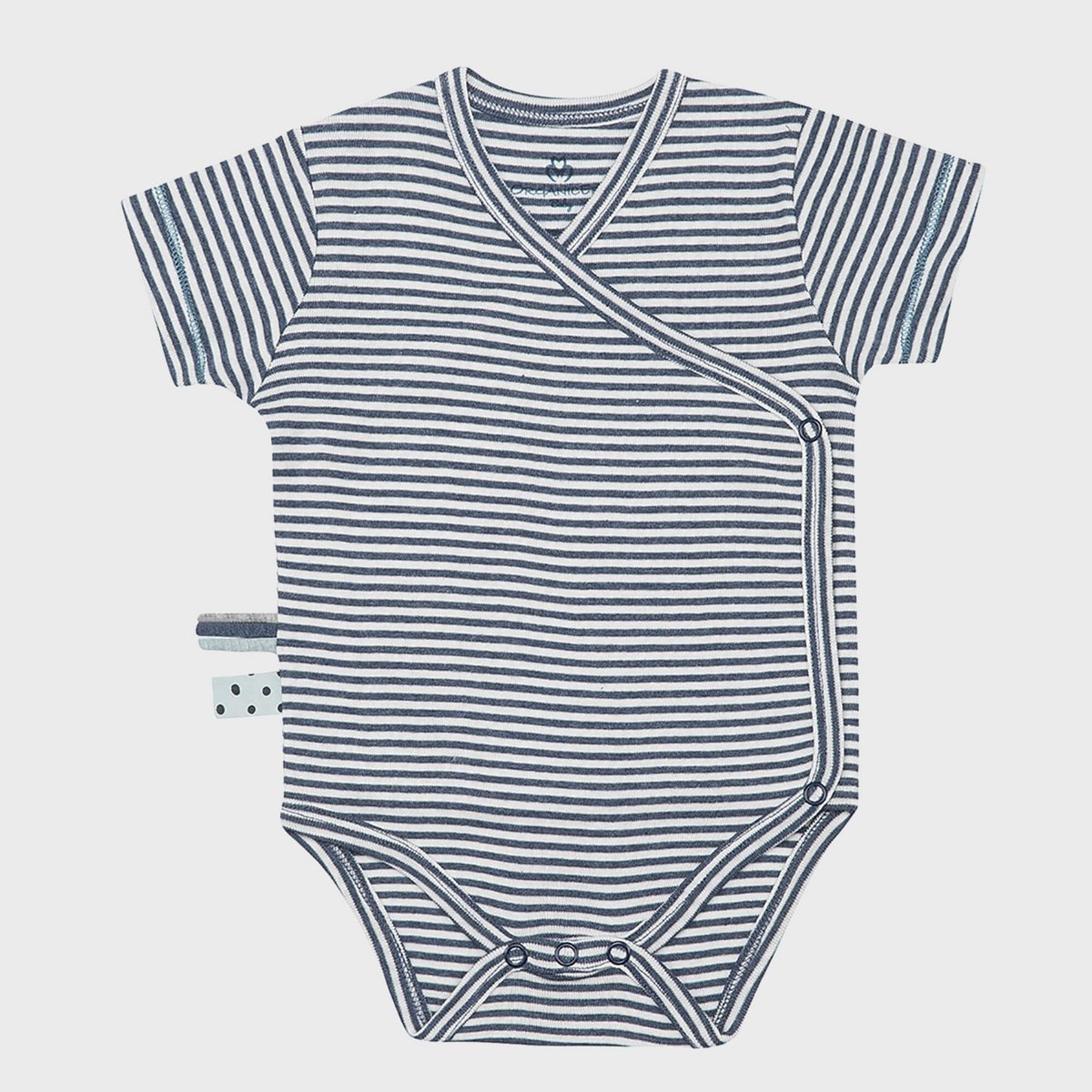 Body kimono avvolgente per bebè manica corta in cotone biologico a righe indaco