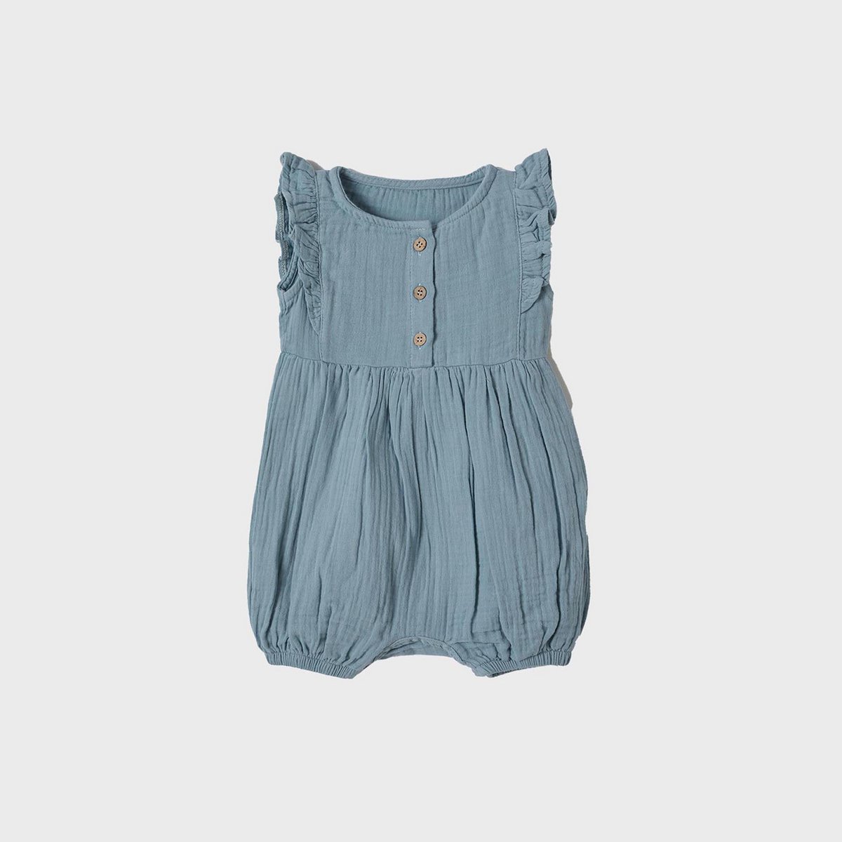 Bio Musselin Baby Strampler mit Rüschen in Aqua und Senf.