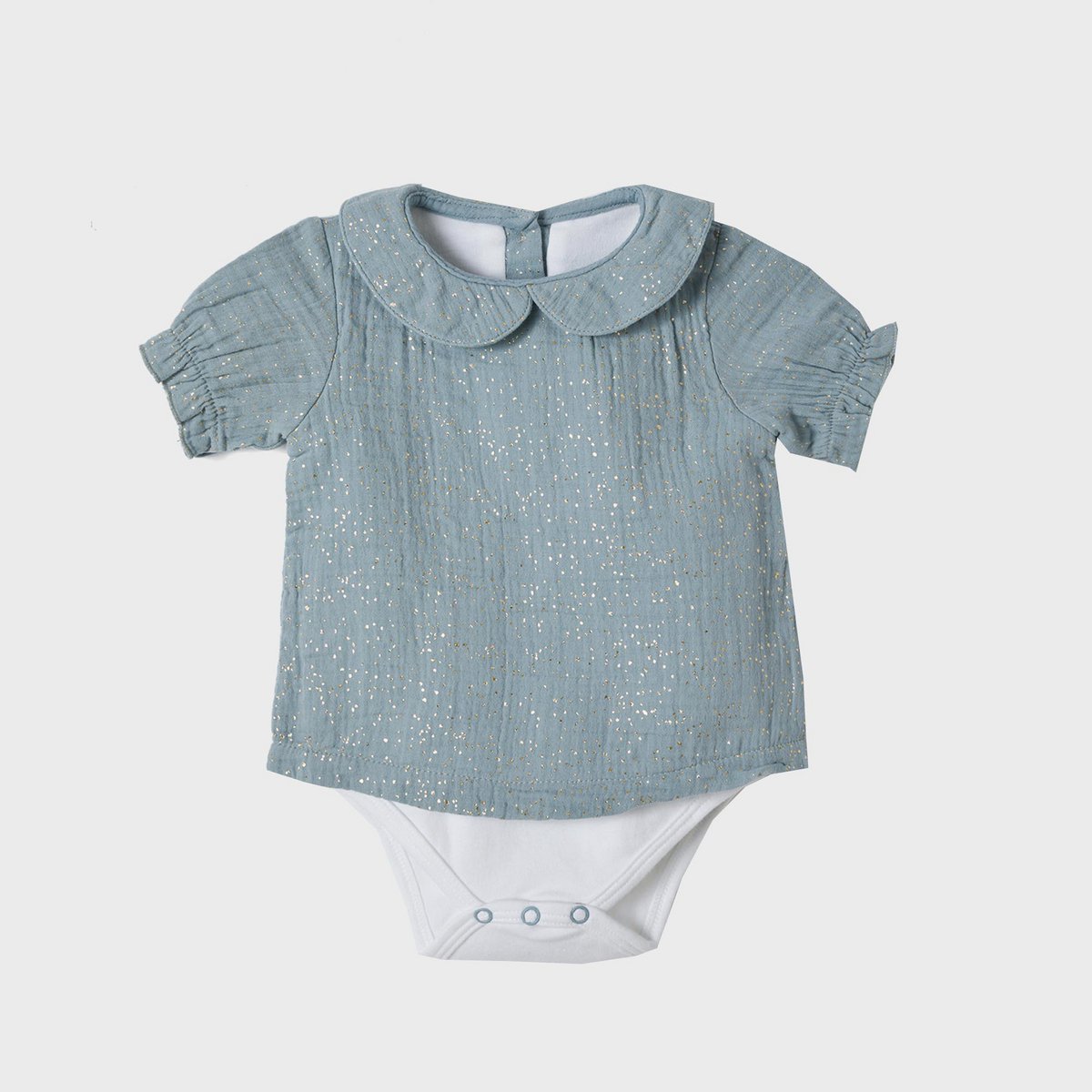 Bio Musselin Baby Hemdbody in Aqua Glitzer mit Peter Pan Kragen.
