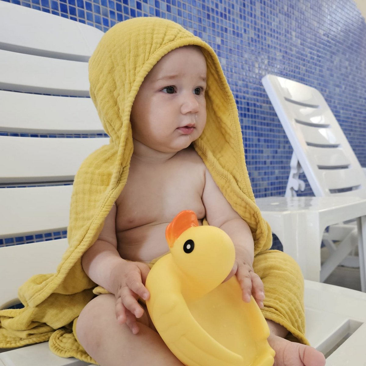 OrganicEra Baby-Kapuzenhandtuch aus Bio-Musselin, Senf