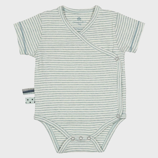 Bio Baby Kurzarm Kimono Body – Weicher Wickelbody aus Bio-Baumwolle, Aqua Gestreift
