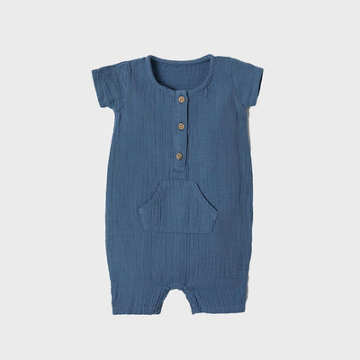 Bio Musselin Kurzarm Strampler Baby in Indigo, weicher, atmungsaktiver Stoff.
