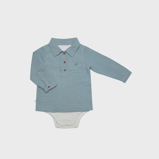 Jungen Bio Musselin Bodysuit in Aqua aus GOTS Baumwolle mit langen Ärmeln für Babys.