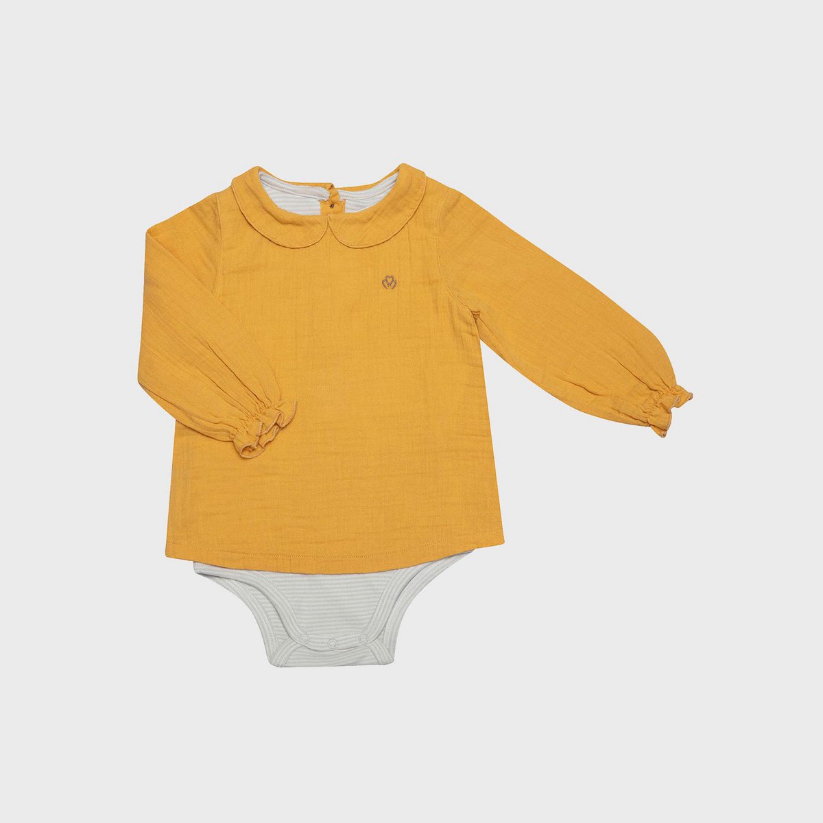 Blusa body per bambina in mussola organica giallo senape – colletto alla Peter Pan, maniche lunghe