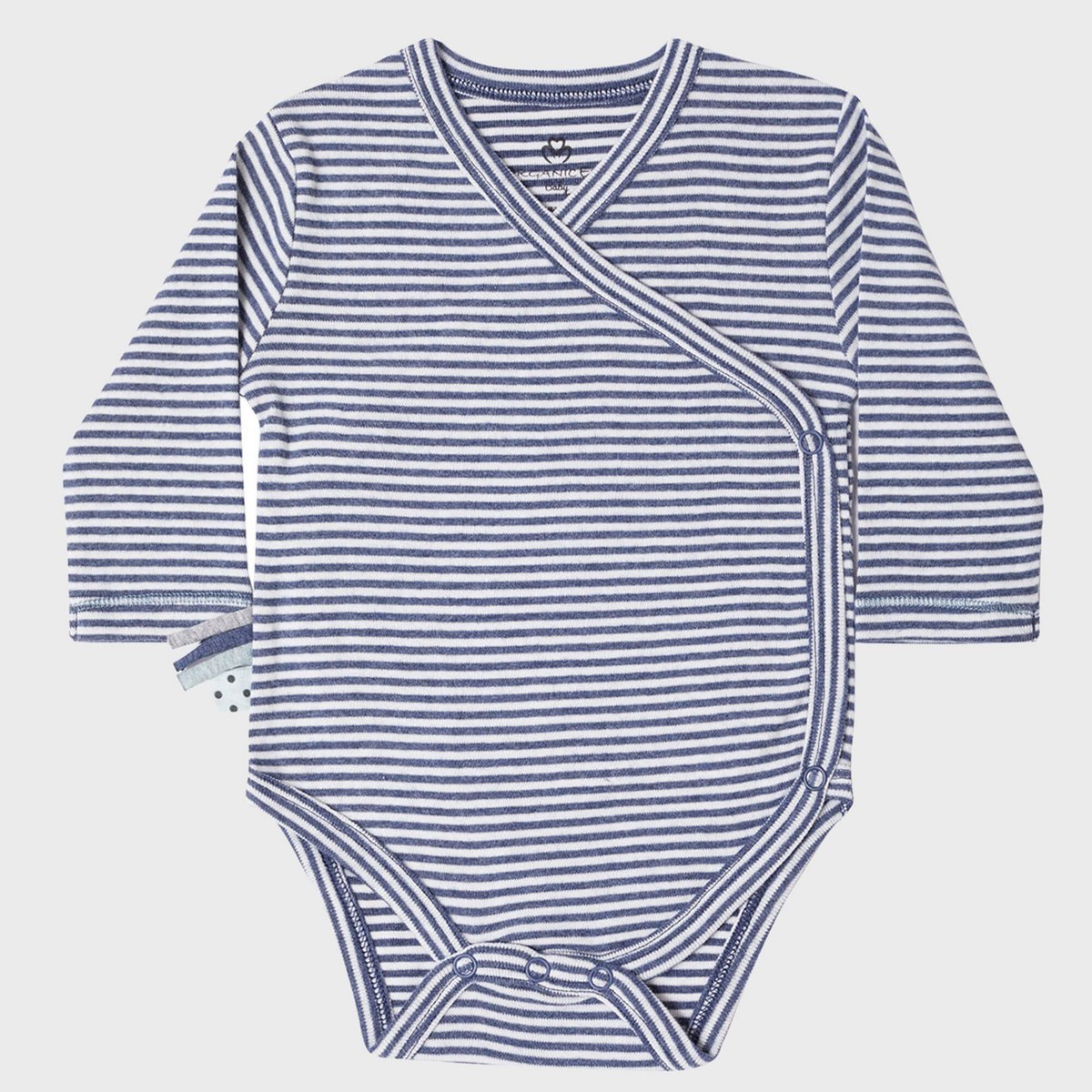 Bio Baby Langarm Kimono Wickelbody aus Bio-Baumwolle – Indigo Gestreift