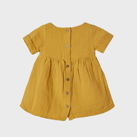 100% Bio Musselin Baby & Kinder Kurzarmkleid Senf – Detailansicht 2