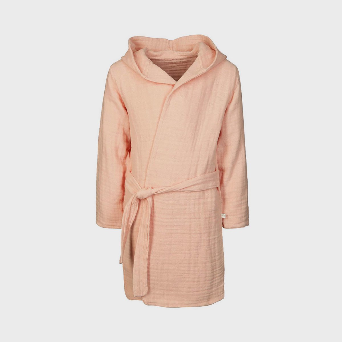 Lachsfarbener Bio Musselin Bademantel mit Kapuze für Kinder, 5-6 Jahre.