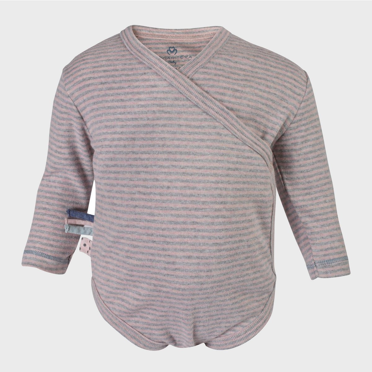 Rosa gestreifter Bio Baby Langarm Wickelbody aus weicher Baumwolle im Kimono-Stil.